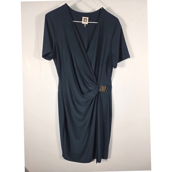 Anne Klein Dresses & Skirts - Anne Klein Womens DarkGreen Faux Wrap Sheath Dress Gold Logo Buckle Size 10